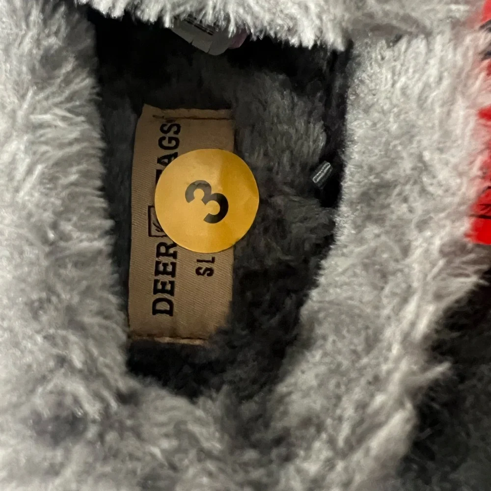 Deer Stags Gray Kids Moccasin Slippers with Plush Lining, Size3,‎ NWT